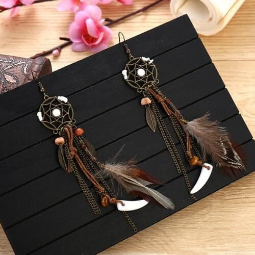 Vintage Gypsy Dreamcatcher Alloy Summer Feather Earrings For Women Long Chain Leather Tassel Dangle Earrings
