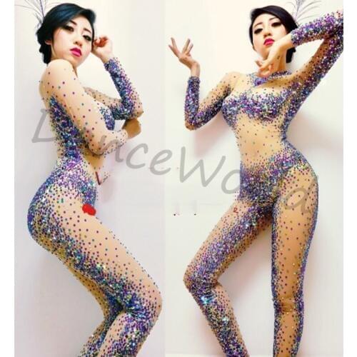 Customized handmade colorful AB rhinestone costumes shining tight bodysuit dj singer dancer costume for women