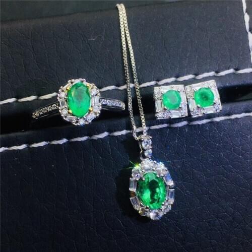 Jewelry 925 sterling silver Natural Emerald Necklace Ring Earring Set Support Test
