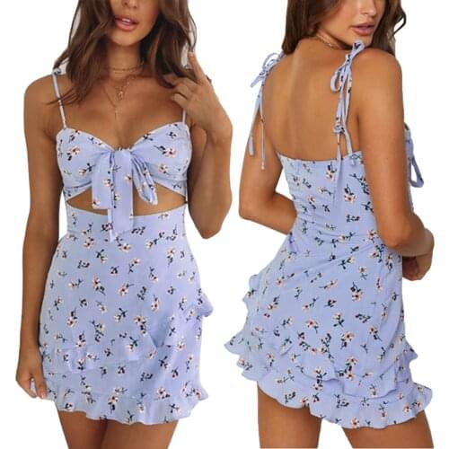 Women Fashion Floral Bandage Hollow Backless Ruffles Short Dress Bandage Ruffles Backless Sexy V-Neck Suspender Dress Light Blue