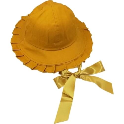 6XDA Women Sweet Ruffles Wide Brim Bucket Hat with Long Ribbon Lolita Fisherman