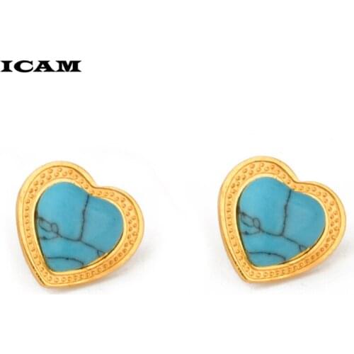 ICAM Blue Druzy Stone Resin Stone Heart Shape Stainless Steel Stud Earrings For Women