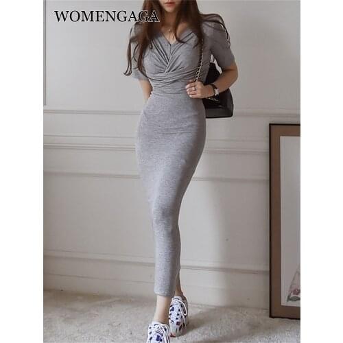 WOMENGAGA 2020 Summer Top New Korean Casual Temperament Slim Long V-neck Pleated Short Sleeve T Shrit Maxi Dress Dresses HWTJ