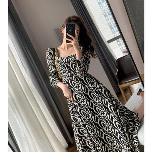 Midi Jurken Koreaanse Mode Vierkante Hals Zebra Lange Mouwen Elegante Vrouwelijke Harajuku Kleding Vintage Casual Outfits Dress