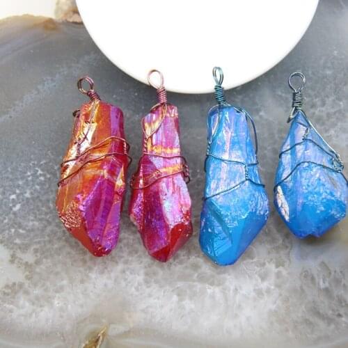 1pcs Natural Rough Crystal Nugget Titanium Red/Blue Pendant Wire Wrapped Quartz Necklace For DIY Jewelry Making Accessories