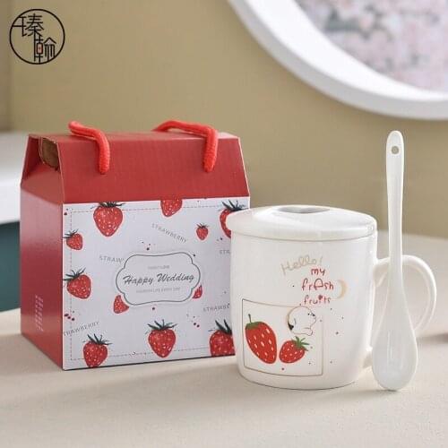 300ml Creative Cartoon Cute Strawberry Mug With Lid Spoon Home Office Milk Oatmeal Breakfast Mug Water Cup Lovely Drinkware Gift