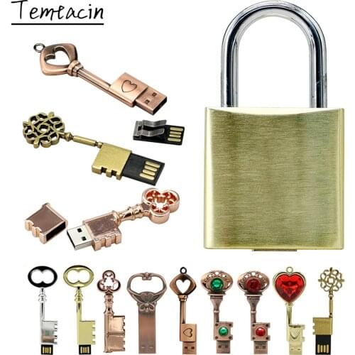 Bronze Heart Key USB Flash Drive 128GB Pen Drive 8G 16GB 32GB 64GB Pendrive Metal Lock CLE USB 256G Memory Stick Storage Device