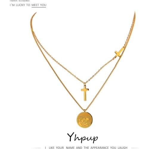 Yhpup Charm Cross Round Pendant Collar Necklace for Women Stainless Steel Chain Jewelry Fashion Layered Metal 18 K Necklace