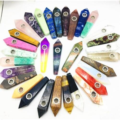 Natural crystal pipe labradorite crystal quartz Cigarette holder as gift 2 strainer + 1 brush