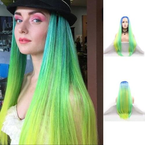 Long Straight Blue to Green Mix Yellow Lace Front Wig Middle Part 3T Color Synthetic Wig Heat Resistant Cosplay Wigs for Women