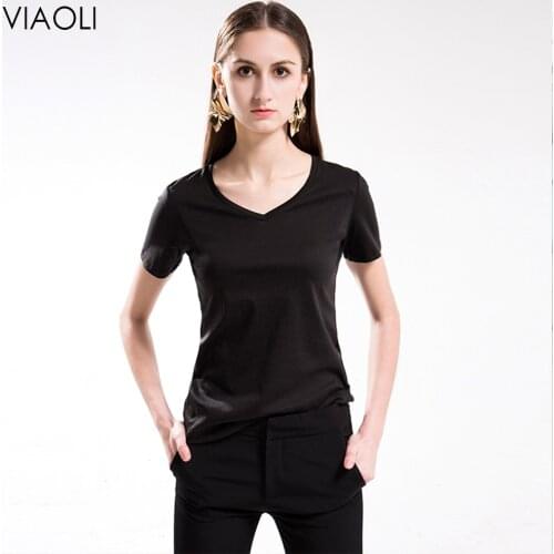 VIAOLI High-end luxury female fabric V neck100% Womens mercerized cotton T-shirt short sleeve silk feeling summer wear holiday