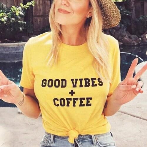 Good Vibes + Coffee Harajuku T-shirt Women Summer Crew Neck Short Sleeve Slogan Oversized T Shirt Casual Vegan Funny Tees Tops