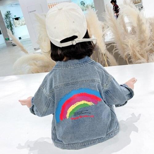 Fashion Kids Girl Denim Jackets Long Sleeve Rainbow Print Jean Coats for Baby Girls Outerwear Spring Autumn Childrens Clothing