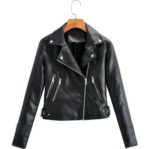 Brand New Women Spring Autumn Black Faux Leather Jackets Zipper Basic Coat Turn-down Collar Motor Biker Jacket With Belt New