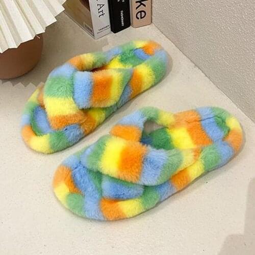 Fashion Color Womens Furry Slippers Mixed Color 2021 Winter New Large Size Flat Warm Plush Shoes Woman Ladies Fur Slides