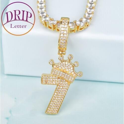 Crown Number 7 Shiny Pendant Gold Color Iced Cubic Zircon 4mm Tennis Chain Mens Hip Hop Charm Jewelry For Gift