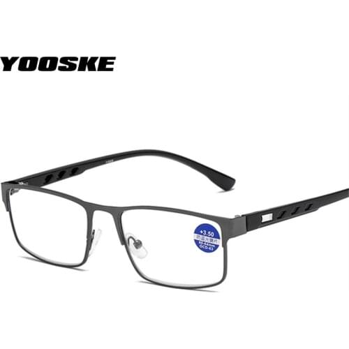 YOOSKE Anti Blue Light Reading Glasses Men Women Alloy Business Square Presbyopia Glasses Diopter +1.0 +1.5 +2.0 2.5 3.0 3.5 4.0