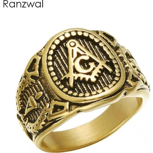 Ranzwal Freemasons Signet Stainless Steel Rings for Men Masonic Past Master Ring Punk Jewelry US SIZE 8~12