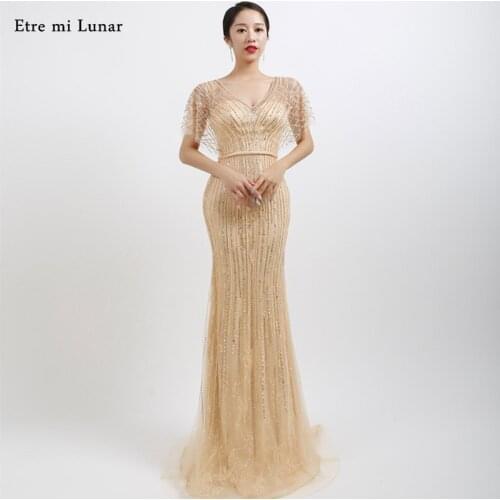 Dubai Luxury Half Sleeves Mermaid Gold Evening Dresses 2020 V-Neck Beading Crystal Evening Gowns Design Real Photo LE4015