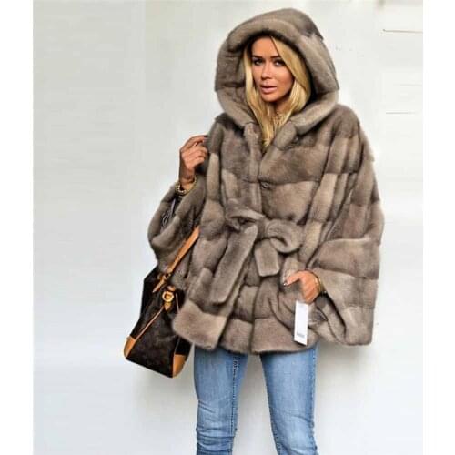 Fashion Real Mink Fur Coat with Hood 2021 New Winter Fashion Genuine Mink Fur Jacket Batwing Sleeved Natural Fur Overcoat Woman