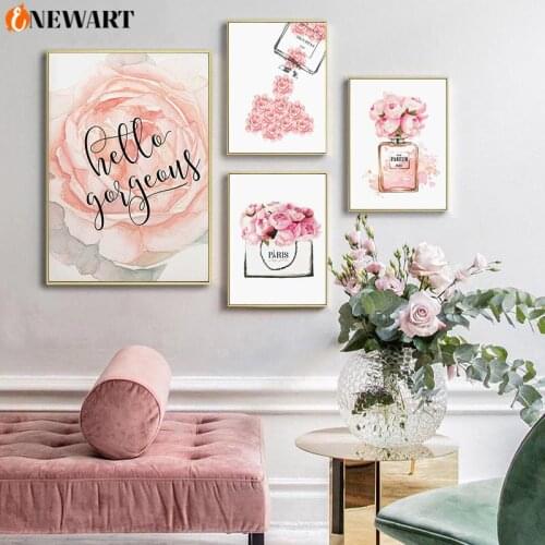 Nordic Pink Flower Perfume Rose Decoration Canvas Painting Flora Make Up Fashion Style Wall Art Paris Decorative Picture Decor