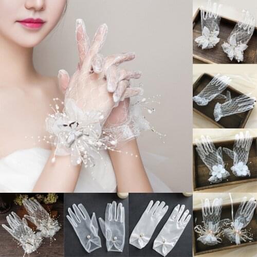 Wedding Bridal Gloves Satin Full Finger Wrist Length Costume Prom Party Supplies Transparent Mesh Pearl Princess Party Glove