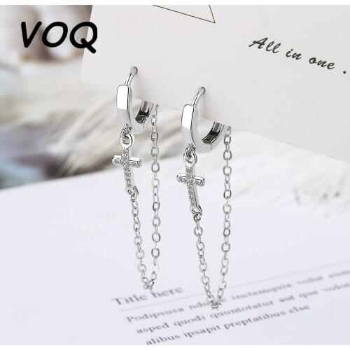 VOQ 925 Sterling Silver Cross Tassel Earrings Female Simple Personality Wild Inlaid Zircon Earrings Female Jewelry Gift