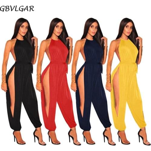 Women Jumpsuit Fashion Sexy Pure Color Camisole Sleeveless Suit O-Neck Belt Hollow Out Jumpsuits Lace Up Loose Rompers 2021