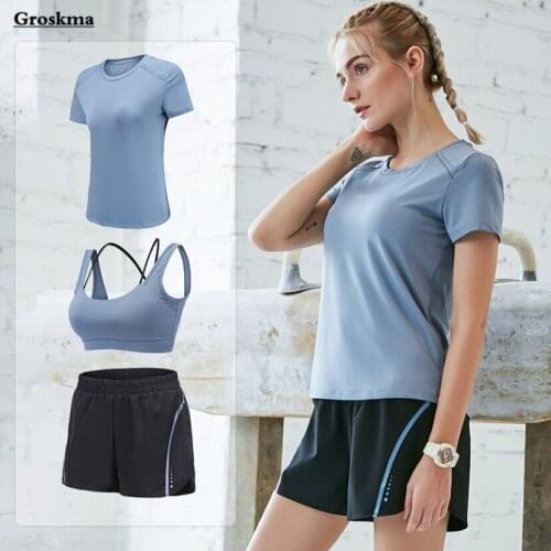 High quality women 3 piece set mesh t shirt+sexy bra+shorts quick dry yoga suit outdoor running sportswear clothing fitness gym