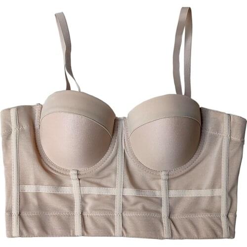 Womens Solid Color Gauze Underwire Corset Bustiers, 4 Fishbones Support Silicone Ant-slip Bras Tops, Club Party Lingeries M8594