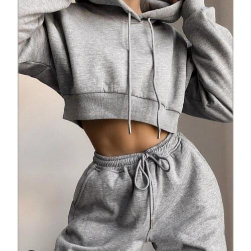 2021 New Sportswear Casual Hoodies Pants Set Hooded Drawstring Women Long Sleeve Crop Top with Pockets Trousers for Fitness