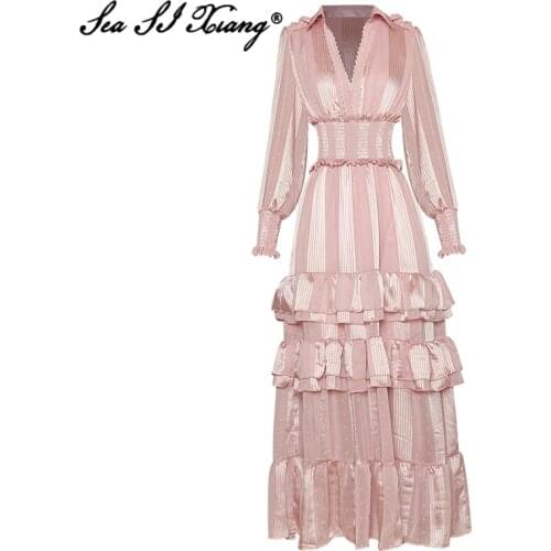 Seasixiang Fashion Designer Autumn Long Dress Women V-Neck Lantern Sleeve Dot Embroidery Vintage Elastic Waist Maxi Dresses