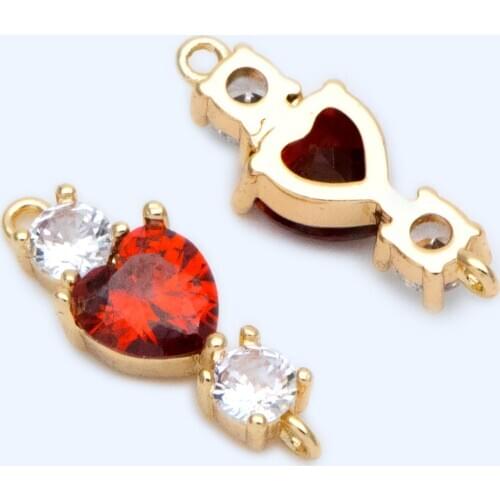 10pcs CZ Paved Red Heart Connectors 15x5.5mm, Gold Plated Brass Heart Charm Pendants (GB-1237-1)