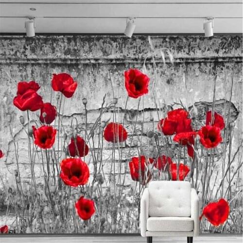 Milofi custom 3D wallpaper mural black and white retro shabby brick wall poppy flower background wall decoration painting wallpa