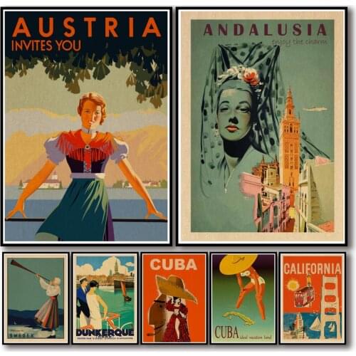 45 Designs Vintage Travel Poster Kraftpaper City&Landscape Poster Painting Abstract Fancy Wall Sticker for Coffee House Bar 1