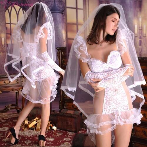 White Wedding Dress Bridal Transparent Romantic Nightgown Exotic Apparel Sexy Costume Selebritee Sexy Lingerie Hot Lace BabyDoll