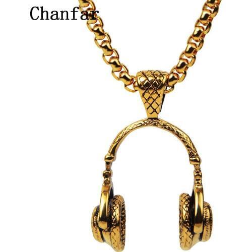 Chanfar Hip Punk Gold Color Stainless Steel Headphone Pendant Necklace Men Headset Statement Necklace For Women Men Cool Jewelry