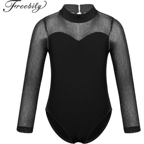Toddler Teens Gymnastics Leotard Shiny Tulle Splice Long Sleeve Mock Neck Ballet Leotards for Girls Kids Gymnastic Jumpsuit