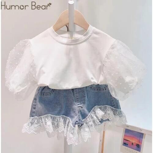 Humor Bear Summer Baby Girl Clothing Sets Children Clothes Bubble Sleeve Top +Lace Stitching Denim Shorts 2Pcs Toddler Outfits