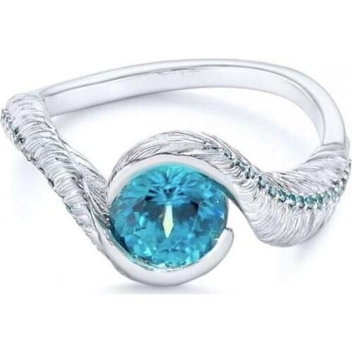 Sea Blue Gem Stone Zircon Ring Fashion Feather Ring Bridal Engagement Party Wedding Ring Jewelry Valentines Day Present
