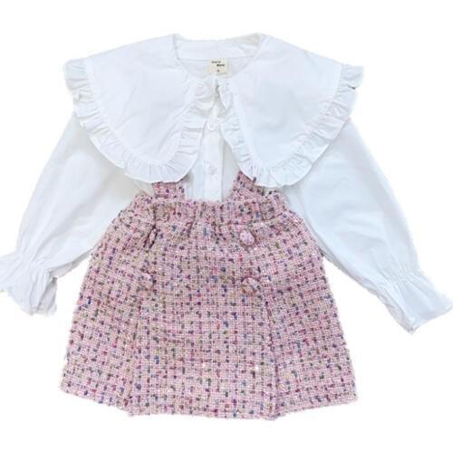 Autumn Children Girls Clothing Sets 2019 New Korean Girl White Big Turn Down Collar Shirt+Strap Skirt 2pc Princess Suit 2-7Yrs