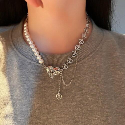 Origin Summer Delicate Silver Color Hollow Love Heart Pendant Necklaces for Women Asymmetric Beaded Pearls Necklace Jewellery