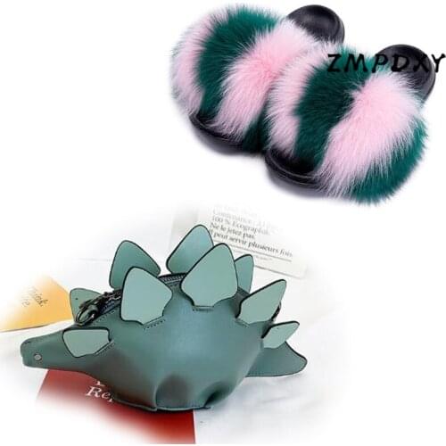 Female Fox Fur Slides Womens Cartoon Animals Candy Crossbody Purse Ladies Fluffy Furry Slippers Modern Shoulder Bag Shoes Sets