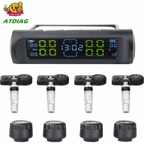 Universal TPMS Wireless Tire Pressure Monitoring System Solar Power Clock LCD Display 4 External Sensor Tire Pressure Sensors