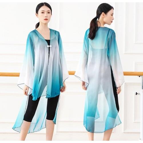 Womens Gradient Colour Classical Dance Wear Chinese Frog Front Loose Long Sleeve Top Blouse Frills Hem Tencel See Through Shirt
