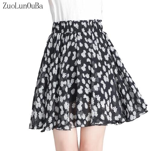 Zuolunouba 2020 Summer Women Skirt Print Harajuku Small Daisies Lady Skirt Elastic High Waist Sexy Chiffon Mini Skirt Female
