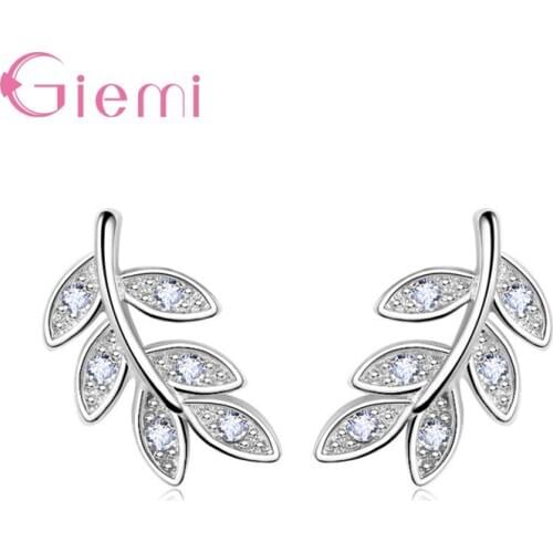 Simple Elegance Leaves Shaped Stud Earrings Paved Shiny Crystals Real 925 Sterling Silver Women Girls Brincos Bijoux