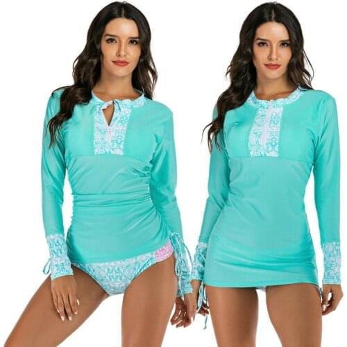 Womens Surfing Swimwear Zip Front Two Piece Sexy Swimsuit Long Sleeve Rash Guard Sunscreen Swimsuit Sun Protection Clothing