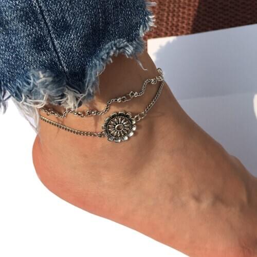 Korean Style Temperament 2020 Fashion New Anklet Beach Bohemian Personality Double Layer Sun Flower Anklet Womens Clothing