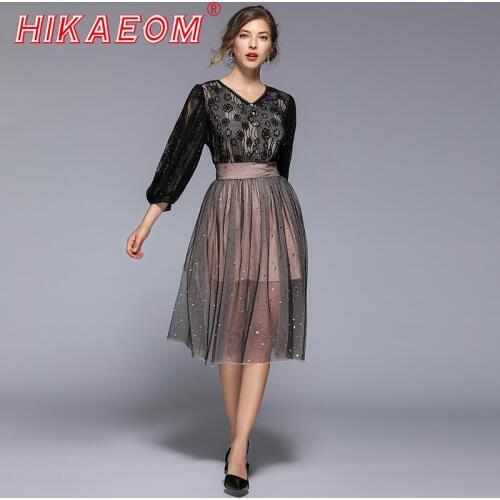 Hollow Women Lantern Sleeve V Neck Rushed Floral Crochet Sequin Casual Lace Dress Femininas Vestidos Free Shipping Lady Dresses